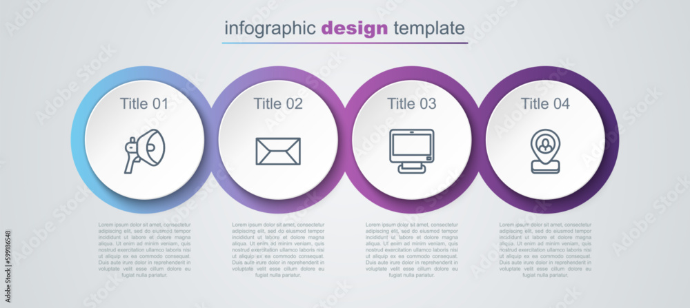 Set line Megaphone, Envelope, Computer monitor and Worker location. Business infographic template. Vector Set line Megaphone, Envelope, Computer monitor and Worker location. Business infographic template. Vector