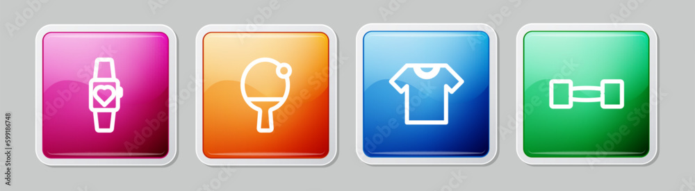 Set line Smartwatch, Racket and ball, T-shirt and Dumbbell. Colorful square button. Vector Set line Smartwatch, Racket and ball, T-shirt and Dumbbell. Colorful square button. Vector