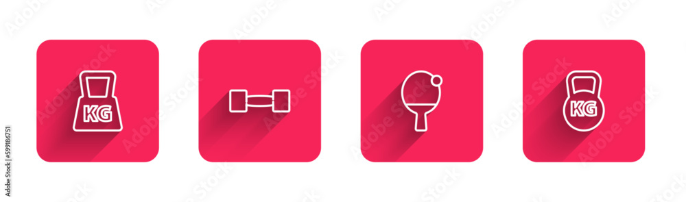 Set line Weight, Dumbbell, Racket and ball and Kettlebell with long shadow. Red square button. Vector Set line Weight, Dumbbell, Racket and ball and Kettlebell with long shadow. Red square button. Vector