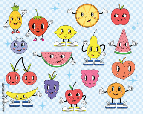 Vintage characters groovy cartoon. Set of retro groovy fruits.  Watermelon, pear, peach, lemon, banana, cherry, grape, orange, tangerine, mandarine, apple.