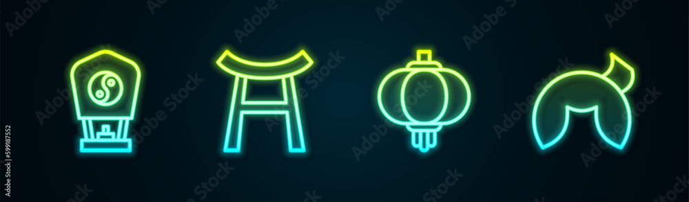 Set line Chinese paper lantern, Japan Gate, and fortune cookie. Glowing neon icon. Vector Set line Chinese paper lantern, Japan Gate, and fortune cookie. Glowing neon icon. Vector