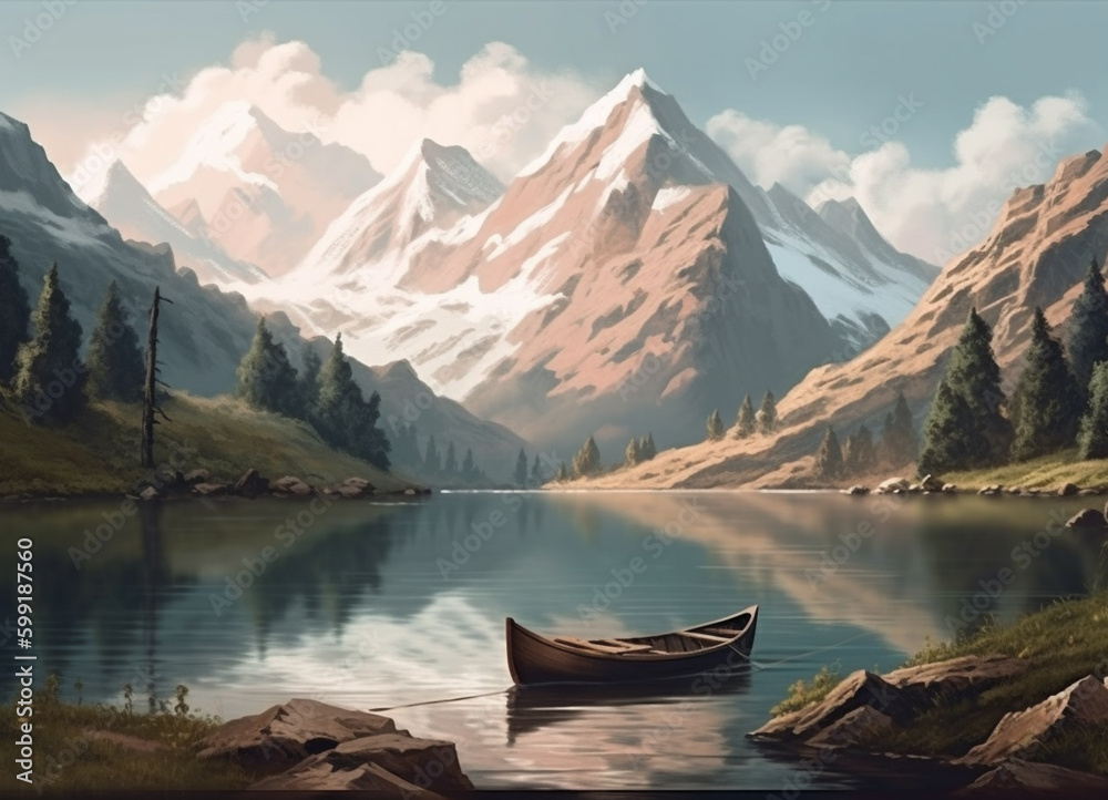 A Wooden Fishing Boat Drifting Across the Crystal-Clear Water Lake, Encircled by the Breathtaking Winter Beauty of the Mountain Scenery of Nature - AI Generated A Wooden Fishing Boat Drifting Across the Crystal-Clear Water Lake, Encircled by the Breathtaking Winter Beauty of the Mountain Scenery of Nature - AI Generated