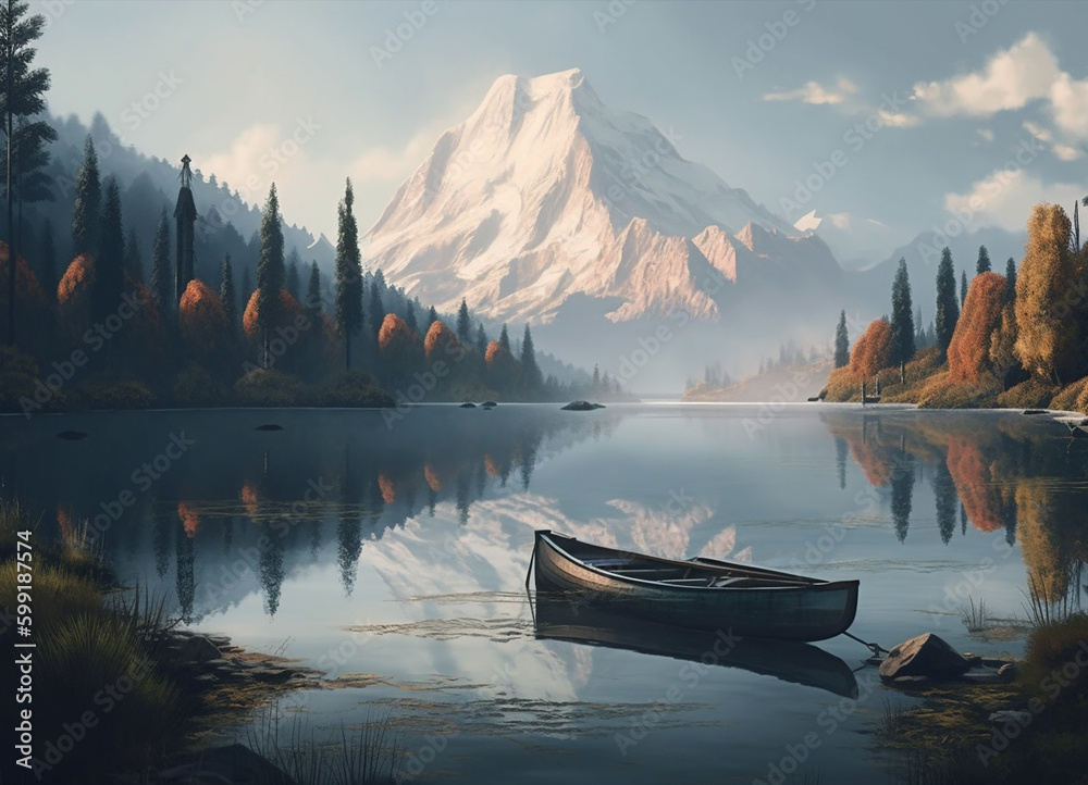 A Wooden Fishing Boat Drifting Across the Crystal-Clear Water Lake, Encircled by the Breathtaking Winter Beauty of the Mountain Scenery of Nature - AI Generated