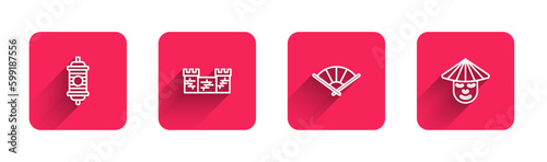 Set line Chinese paper lantern, Great wall of China, or japanese folding fan and man with long shadow. Red square button. Vector