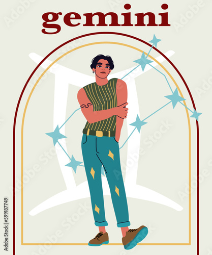 Young handsome man portrait. The guy with black hair, posing full-height. Astrological sign Gemini. A concept of zodiac sign. 