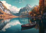 A Wooden Fishing Boat Drifting Across the Crystal-Clear Water Lake, Encircled by the Breathtaking Winter Beauty of the Mountain Scenery of Nature - AI Generated