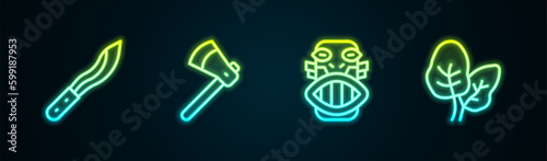 Set line Machete, Wooden axe, Mexican mayan or aztec mask and Tropical leaves. Glowing neon icon. Vector