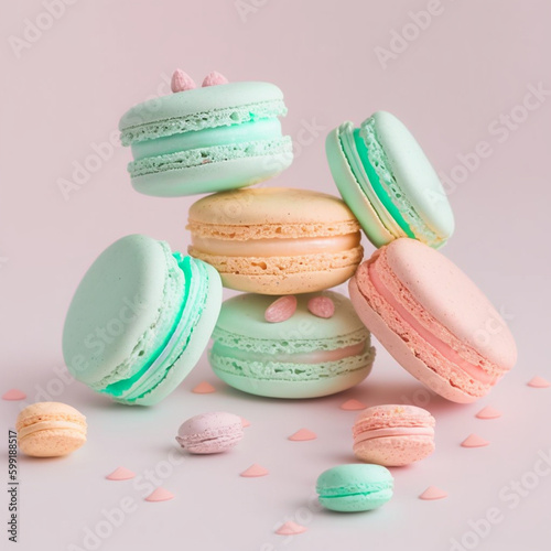 Cake macaron or macaroon stack on pink background, colorful mint and pink almond cookies, pastel colors.