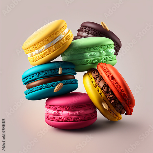 Cakes macaron or macaroon stack on pink background, colorful vibrant almond cookies, bright colors.