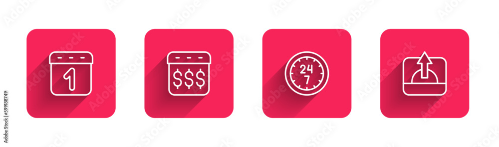Set line Calendar, Payday, calendar with dollar, Clock 24 hours and Sunrise with long shadow. Red square button. Vector Set line Calendar, Payday, calendar with dollar, Clock 24 hours and Sunrise with long shadow. Red square button. Vector