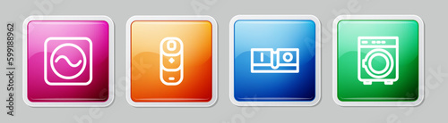 Set line AC voltage source, Battery charge, Electric light switch and Washer. Colorful square button. Vector