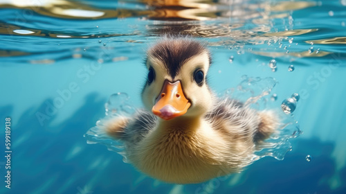 Ein süßes Entenküken schwimmt unter Wasser, Generative AI