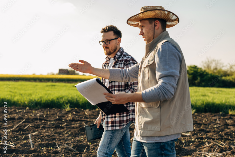 Farmer and inspector walk across the field. Farmer and inspector walk across the field.