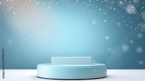 Empty podium for product display on a light blue background with bokeh lights. Generative AI.