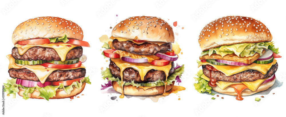 Watercolor burgers, Burger illustration. Generative AI Watercolor burgers, Burger illustration. Generative AI