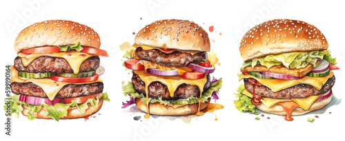 Watercolor burgers, Burger illustration. Generative AI