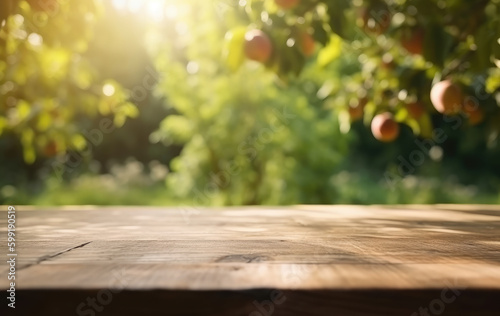 Rustic Wooden Table Top with Blurred Apple Garden Background. Banner with Empty Space for Product Display like Apple Juice, Cider. Generative AI.