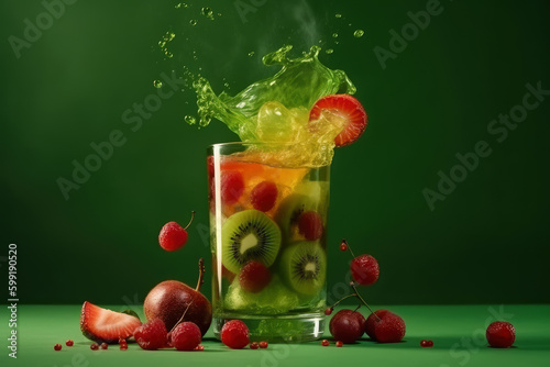 Refreshment fruit cocktail with kiwi  strawberry  raspberry and cherry splashes on green background  an explosion of taste from different fruits  AI Generated