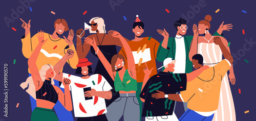 Happy young people at party, celebrating, dancing together. Friends crowd at fun celebration, holiday hangout at disco. Joyful excited men, women group at night discotheque. Flat vector illustration