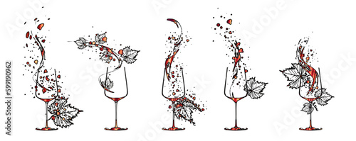 Wine designs - Collection of wine glasses. Wine glasses with splashing wine. Hand drawn elements for invitation cards, advertising banners, menus in gold style. Sketch vector illustration.