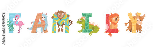 Family Animal Word with Alphabet Capital Letters and Funny Mammal Vector Inscription