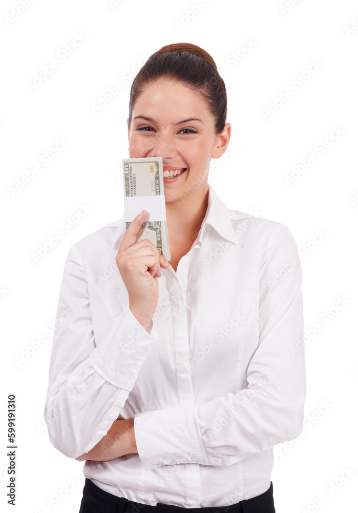 Reaping the rewards of her investments. Studio portrait of a young woman holding a stack of dollar bills isolated on white. Reaping the rewards of her investments. Studio portrait of a young woman holding a stack of dollar bills isolated on white.