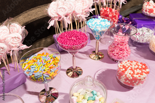 Colorful candy-filled glasses
