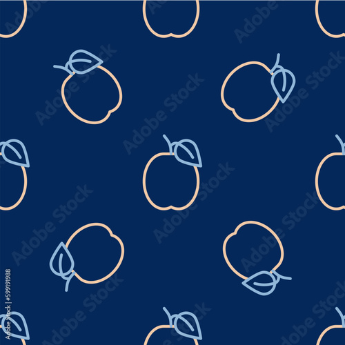Line Plum fruit icon isolated seamless pattern on blue background. Vector