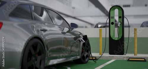 MED shot of generic EV hybrid vehicle is charging on a station, shopping mall parking