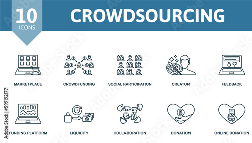 Crowdsourcing outline set. Creative icons: marketplace, crowdfunding, social participation, creator, feedback, funding platform, liquidity, collaboration, donation, online donation.