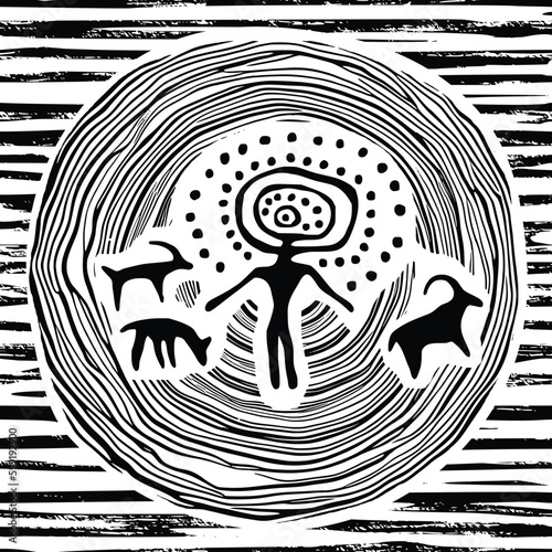 Ethnic art, petroglyphs and cave paintings, rough texture, seamless pattern