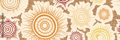 Seamless border, ethnic background, sun symbols, solar signs, vector design