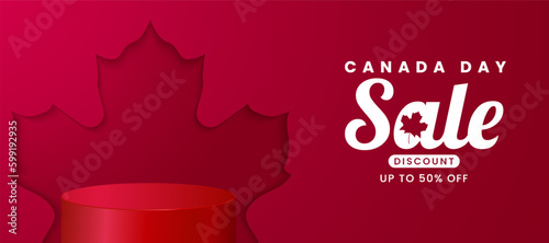 1st July 2020 Happy Canada Day banner sale for independence day background with red maple and podium. Vector illustration greeting card. Canada holiday concept design. Red White theme with Maple leaf.