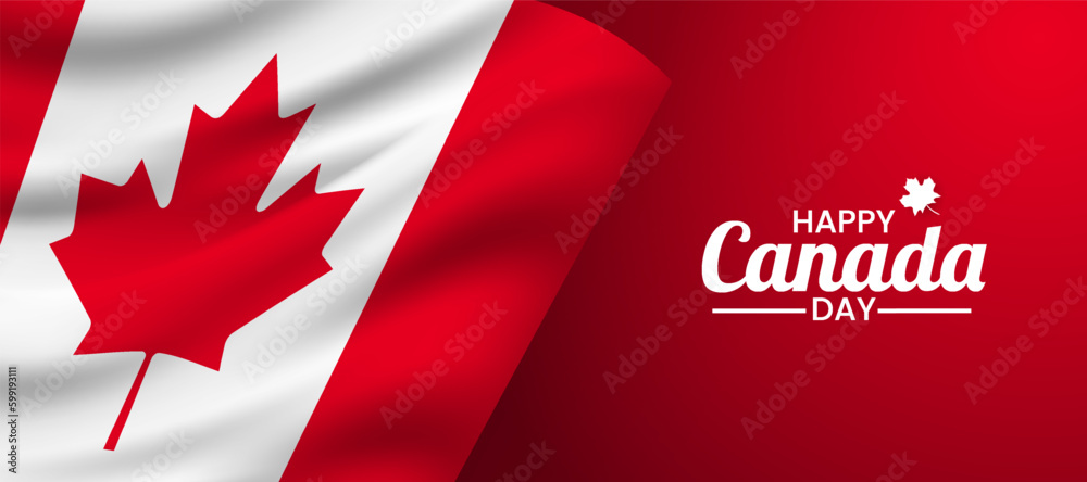 Fototapeta premium 1st July 2020 Happy Canada Day banner for independence day background with red maple and realistic flag. Vector illustration greeting card. Canada holiday concept design.