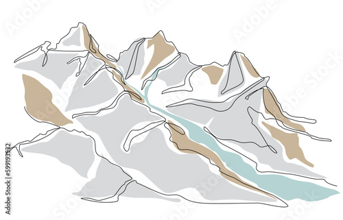 Continuous line colored drawing of mountain range landscape background. One single line drawing of mountain panoramic view. Line art style illustration. Vector simple linear style. Doodle, handdrawn