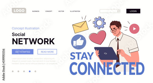 
Social network. Stay Connected! Concept of Internet activity & online connections. Website, template, landing page. Vector characters flat cartoon illustration.
