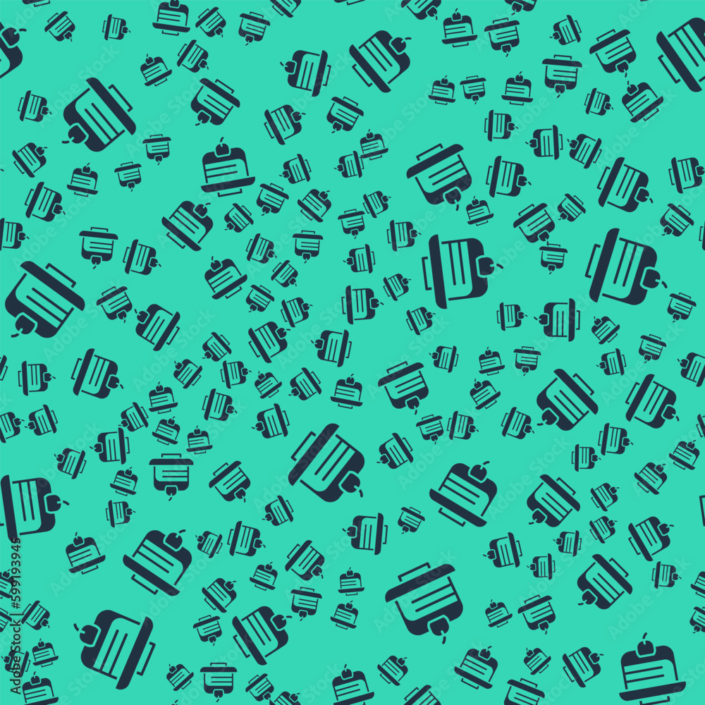 Black Piece of cake icon isolated seamless pattern on green background. Happy Birthday. Vector Black Piece of cake icon isolated seamless pattern on green background. Happy Birthday. Vector