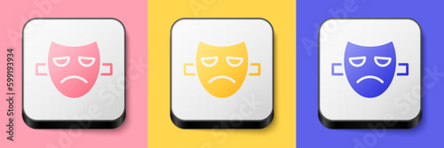 Isometric Drama theatrical mask icon isolated on pink, yellow and blue background. Square button. Vector