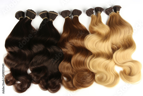 Various colors of human hair extension. Generative AI photo