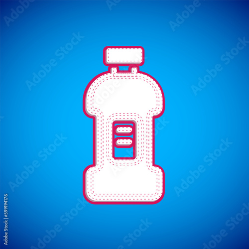 White Plastic bottle for laundry detergent, bleach, dishwashing liquid or another cleaning agent icon isolated on blue background. Vector