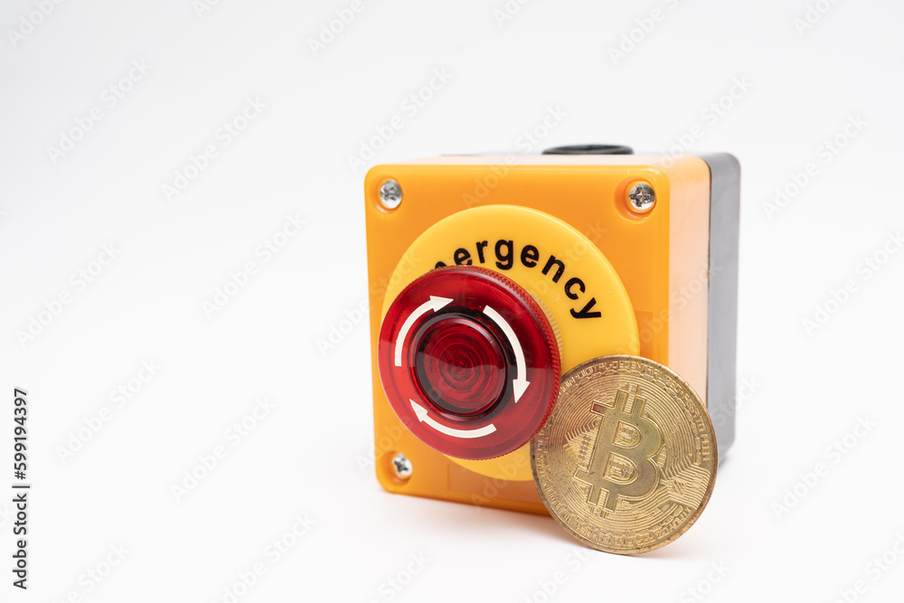 crypto currency price stop loss concept, big red pushing emergency stop button on white background. financial disaster and crisis protection when market price fall. crypto currency price stop loss concept, big red pushing emergency stop button on white background. financial disaster and crisis protection when market price fall.