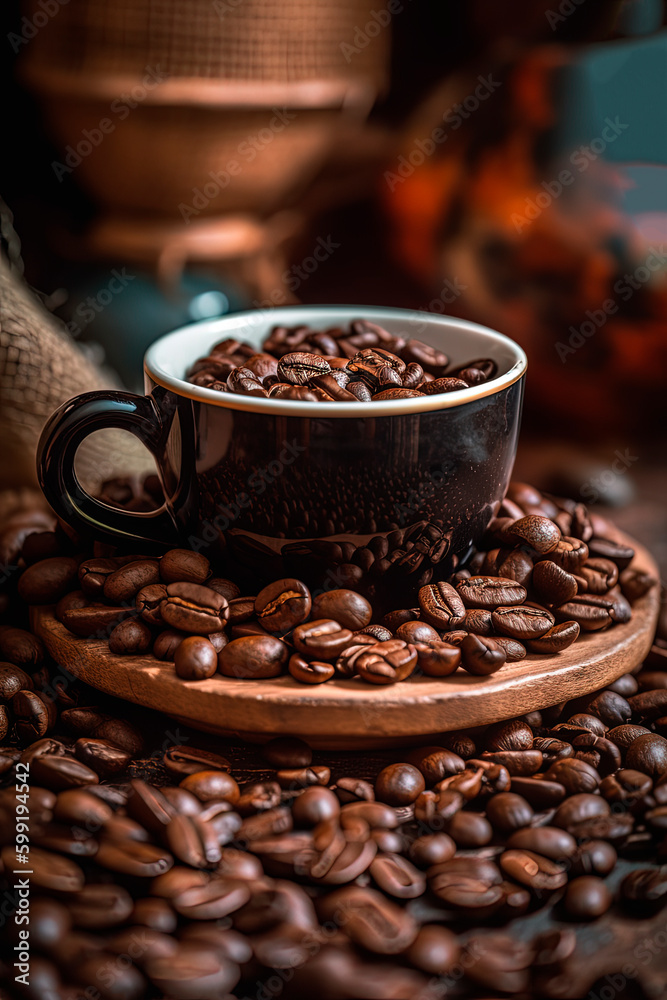 Fototapeta premium A cup of coffee sitting on top of a pile of coffee. Generative AI