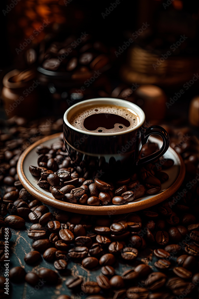 A cup of coffee sitting on top of a pile of coffee. Generative AI A cup of coffee sitting on top of a pile of coffee. Generative AI