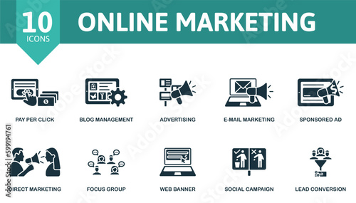 Online marketing outline set. Creative icons: pay per click, blog management, advertising, e-mail marketing, sponsored ad, direct marketing, focus group, web banner, social campaing, lead conversion.