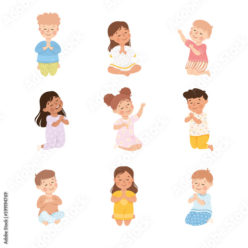 Little Kids Praying Sitting on the Floor with Bended Knees Vector Set