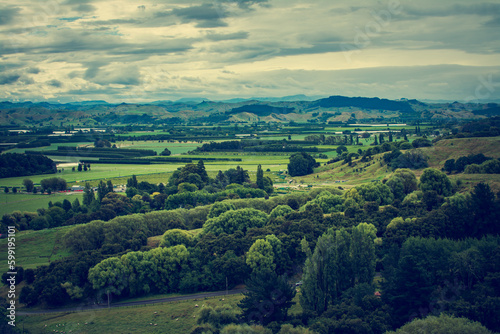 Retro style photo of New Zealand Landscape with green rolling hills and distant mountain range under cloudy sky. Greys Hill Lookout, Gisborne, North Island, New Zealand © Irina B