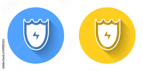White Lightning and shield icon isolated with long shadow background. High voltage shield. Safe energy. Circle button. Vector