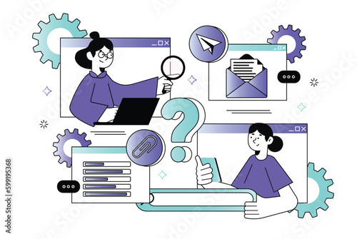 People surfing internet waist height concept with people scene in the flat cartoon design. People surfing on the Internet for search some information. Vector illustration.