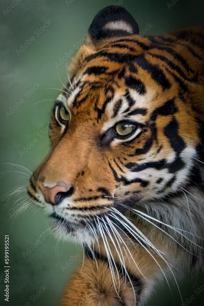 close-up portrait of a tiger on a green background close-up portrait of a tiger on a green background