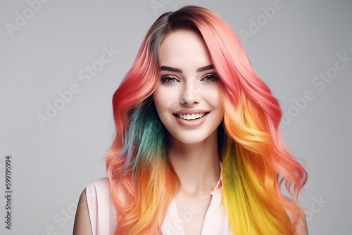 Portrait of young beautiful woman with long hair, Rainbow Hairstyles, generative AI tools 